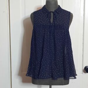 LC Lauren Conrad XS Navy Pink Pleated Swing Sleeveless Blouse Tie Neck Sheer